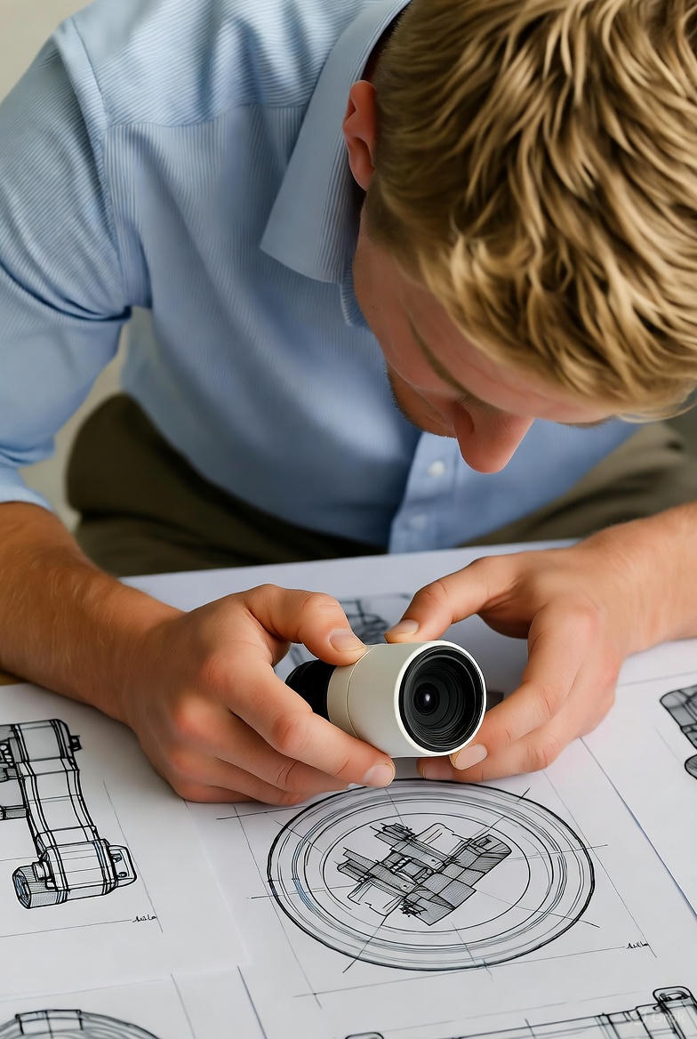Engineer inspecting a hardware prototype over design sketches