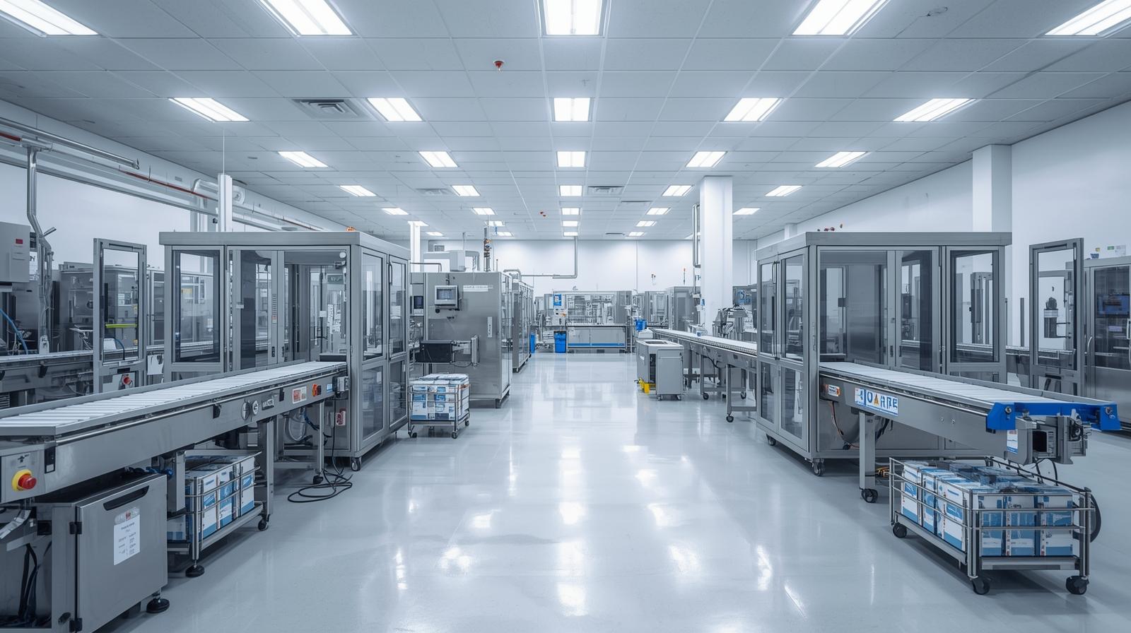 Automated manufacturing line with robotic work cells and conveyors
